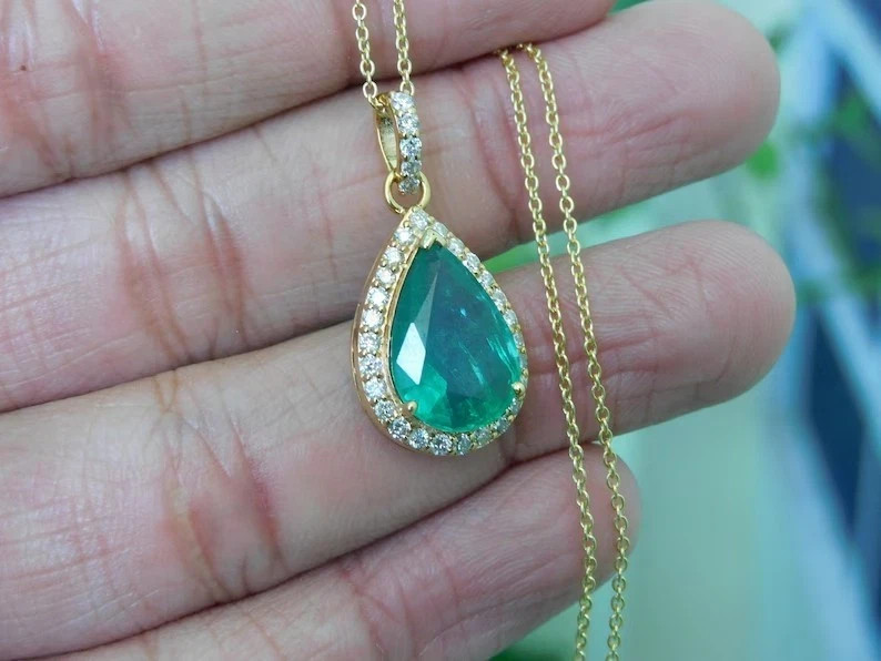 1.80CT Natural Green Emerald & GH/SI Diamond Pendant 14K Yellow Gold PD00482