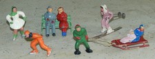Vintage Lot 9 Barclay Winter Lead Figures Sledding Woman Man Bench Skier Skater