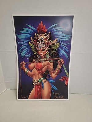 La Muerta: Descent Aztec Queen Print 17x11  By R. Ortiz. Brian Pulido