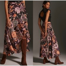 Maeve Asymmetrical Ruffle Hem Wrap Skirt Plum Purple  Orange Anthropologie XS