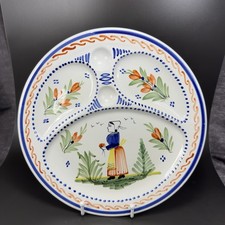 HB Quimper Divided Plate Dish Breton Girl French Faience Pottery 11inch Dish