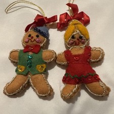 VTG Stuffed Felt sequined Girl  Boy Gingerbread Christmas Ornament