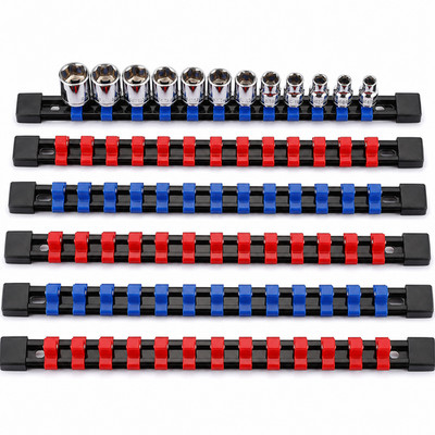 Steckschlüsselschienen-Set 6-teilig Halter Organizer 1/4'' 3/8'' 1/2'' sicherer Clip rot blau Aufbewahrung