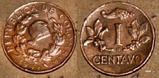 Colombia 1943B 1 Centavo  Copper Coin CoffeeBean Red Brown Libertad Uncirculated