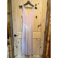 80's Long Pastel Pink Nightgown with Stretch Lace Bodice Vintage Lingerie Large