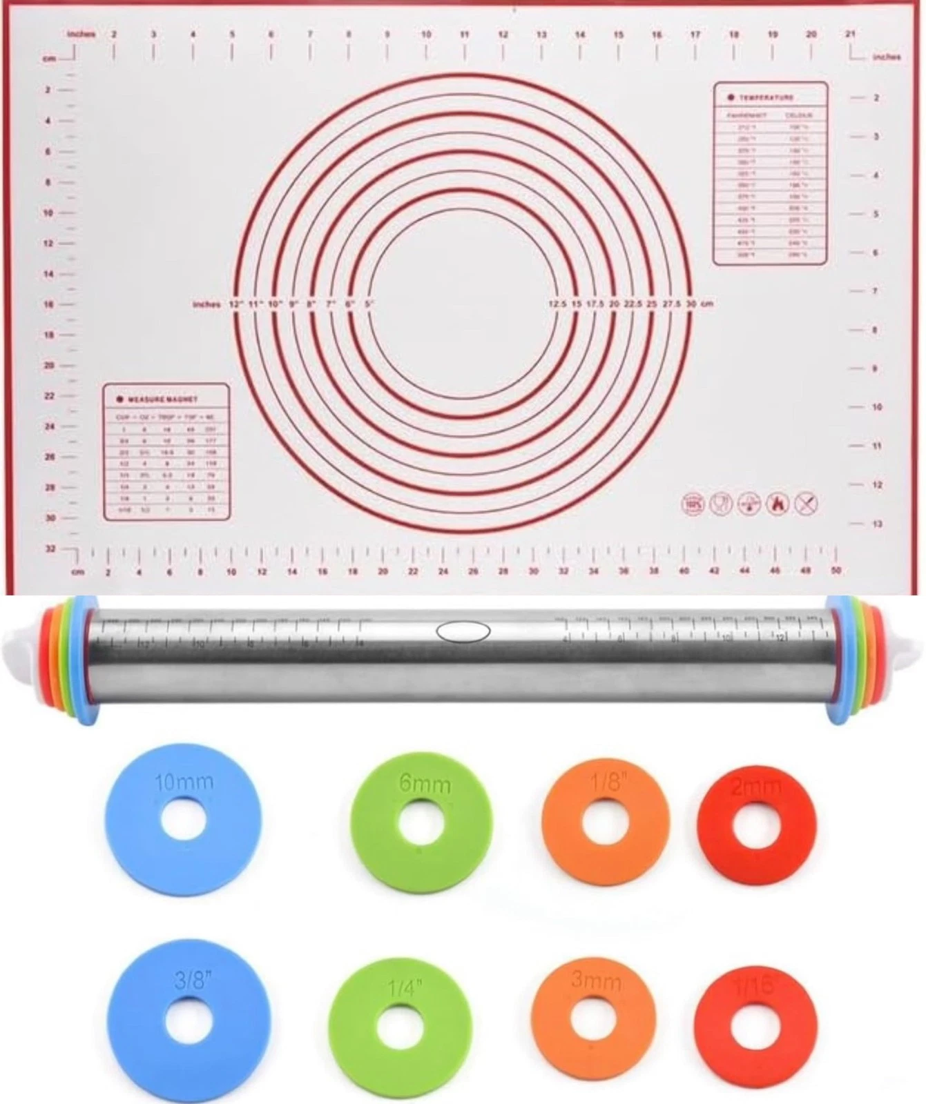 Rolling Pin and Silicone Baking Pastry Mat Set, Stainless Steel Dough Roller ...