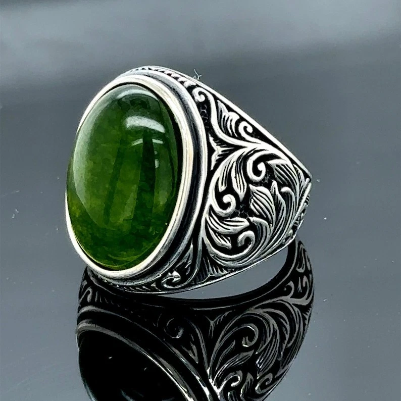 Anillo grabado en plata 925 estilo otomano piedra jade plata para hombre Foto 3 de 4