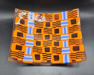 Fused Art Glass Trinket Dish Orange Blue Square Rounded Bottom 7''×8'' Thick Heavy
