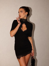 Womens Y2K Lace Bodycon Mini Dress Club Party Sexy Sheath Dress Black