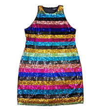 Express Womens XL Rainbow Stripes Sequin Dress Swiftie Party Glam