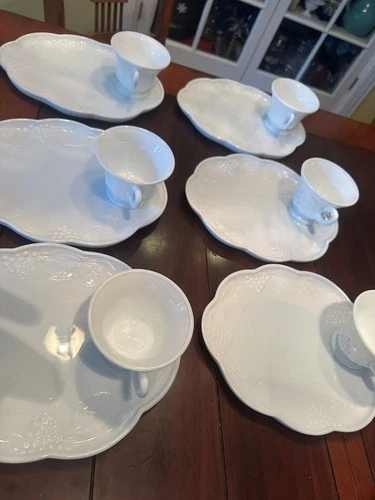 SET OF SIX Vintage INDIANA Milk Glass HARVEST GRAPE Plate Cup Snack Set