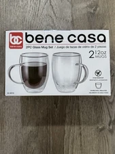 Bene Casa 2PC Double Wall Insulated 12oz Glass Mug Set. New