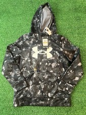 NWT Boys Under Armour Big Logo Gray And White BlackLoose Fit Hoodie Youth S 45