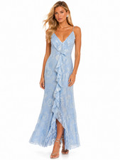 Love Shack Fancy Blue Floral Metallic Silk Ruffle V-Neck Maxi Gown Dress 0 = XS