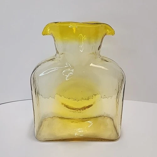 Vtg Blenko Handblown Glass 384 LEMON Yellow Water Bottle Double Spout Pitcher