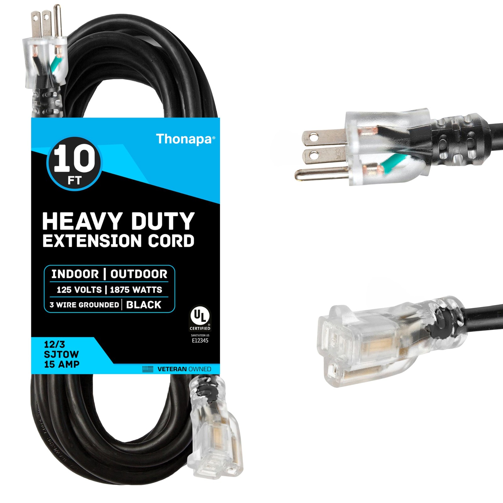 10 Ft Outdoor Extension Cord - 12/3 SJTW Heavy Duty Black Cable - 3 Prong Plug