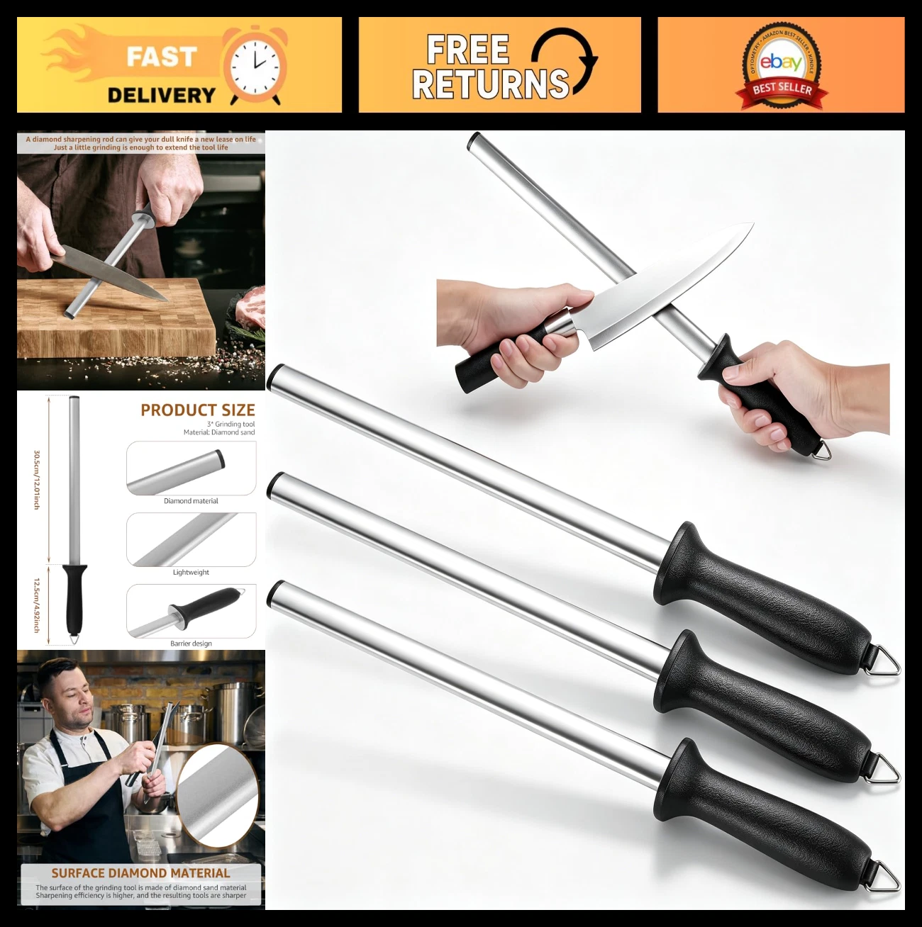 3 PCS 12" Diamond Knife Sharpening Rods, 1000 Grit Honing Tool for Kitchen & Che
Opens in a new wind