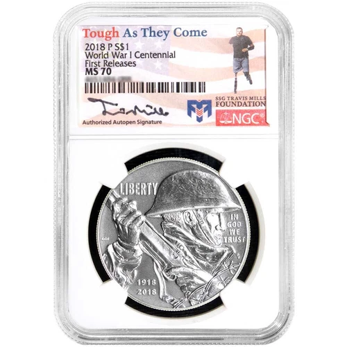 2018-P UNC $1 World War I Centennial Silver Dollar NGC MS70 TravisMills.org F...
