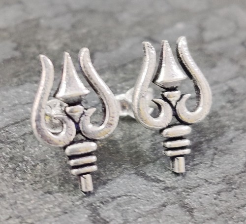 925 Silver Shiva Trishul Stud Earrings Trident Religious Jewelry Men Women Gift - Picture 5 of 15