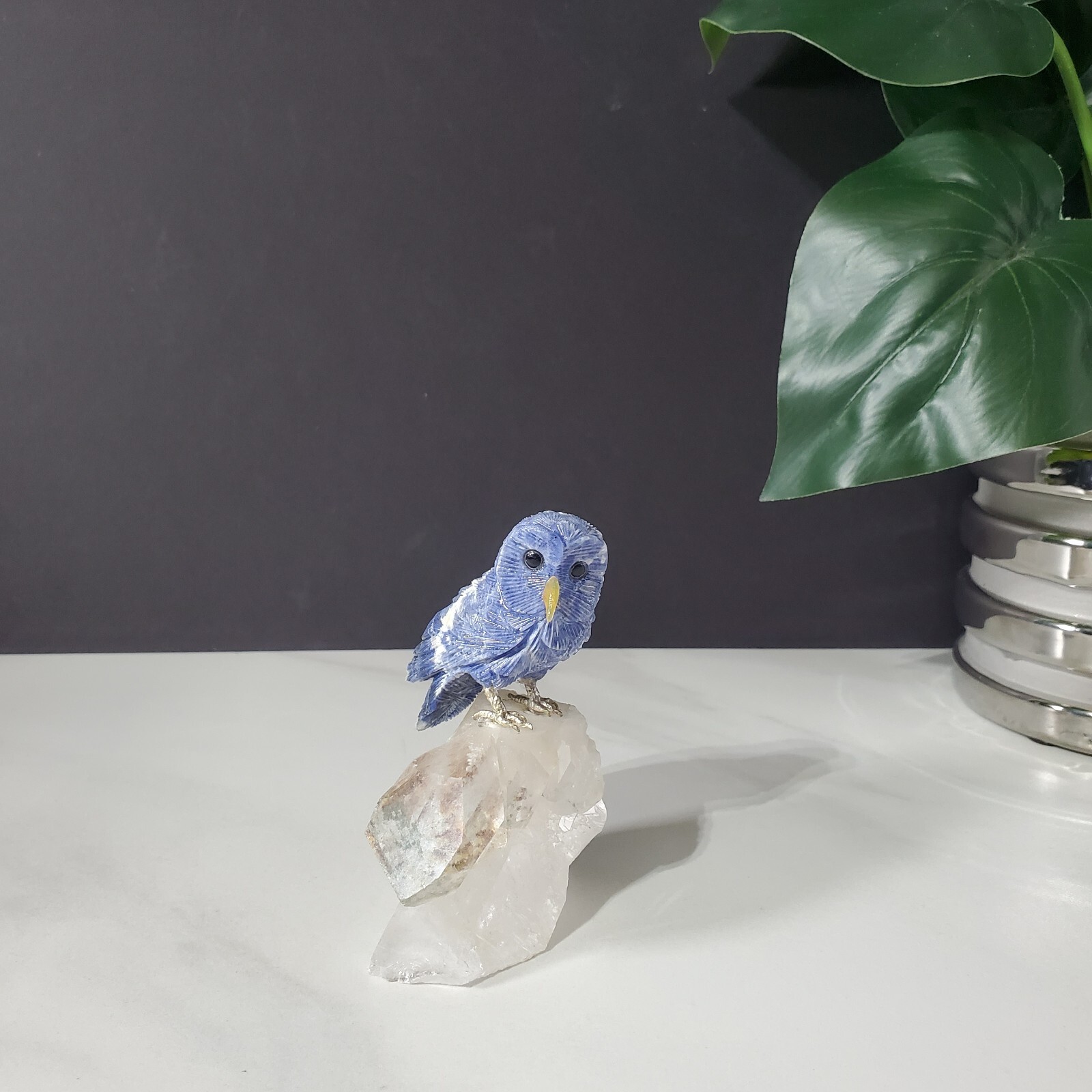 Owl Figurine Natural Sodalite Carved on Clear Quartz Point with Inclusions
