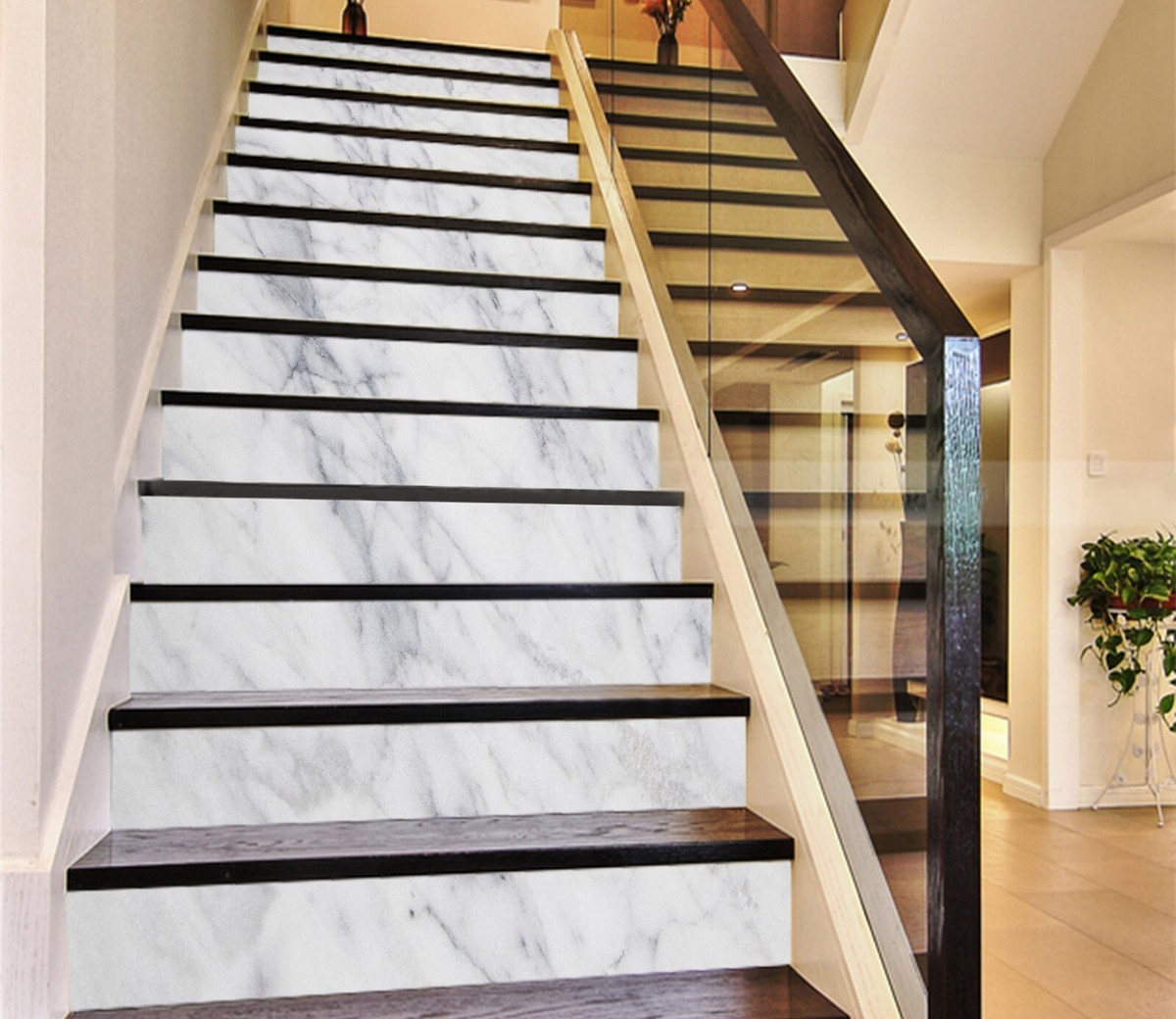 Papier Peint Vinyle Adhésif 3D Effet Marbre Blanc Pour Contremarches D'escalier