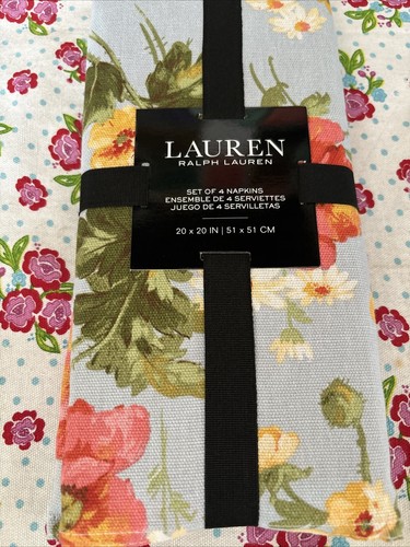 LAUREN RALPH LAUREN 4 Pack Blue Floral Pure Cotton Napkins NEW - Picture 2 of 8