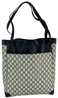 GUCCI Navy Blue GG Canvas and Leather Trim Shopping Tote Bag Made