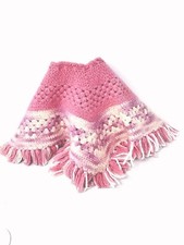 Vtg Crochet Toddler Poncho, 12-24 Mos, Pink Fringe, Boho, Little Red Riding Hood