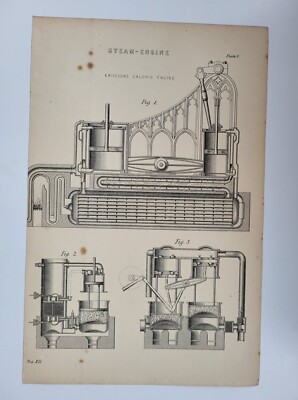 Antiker Druck um 1877 INGENIEURWESEN. Dampfmaschine. Ericcsons Caloric Motor