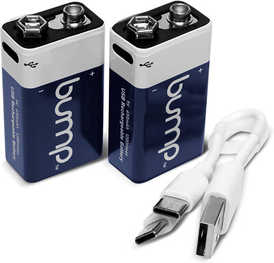 Bump 9 Volt Premium Lithium Ion Rechargeable Battery USB-C Type Cable 2 Pack