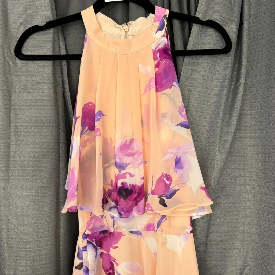 Maxi Vestido Eliza J Halter Alto Bajo 10 Rosa Floral Fluido Superposición Gasa Boda Foto 3 de 4