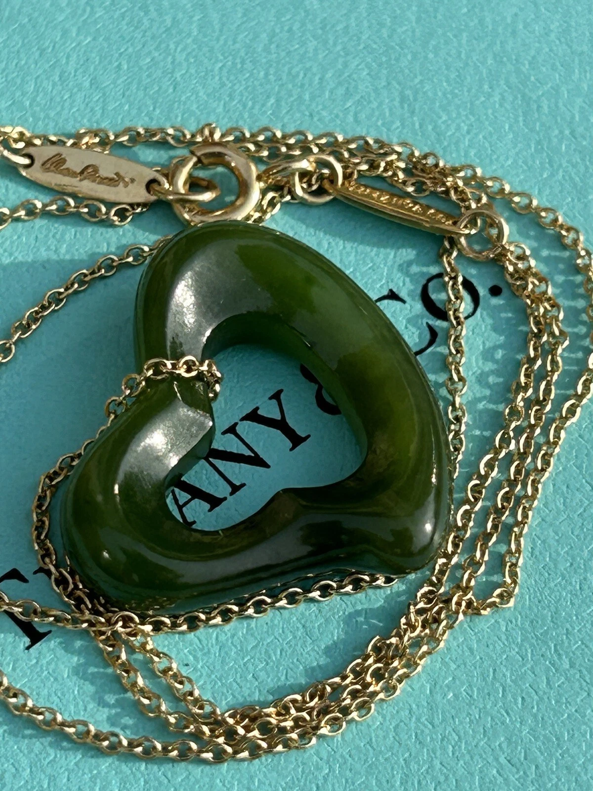 Tiffany & Co 18K Elsa Peretti Green Nephrite Jade Open Heart Necklace, 17 Inches