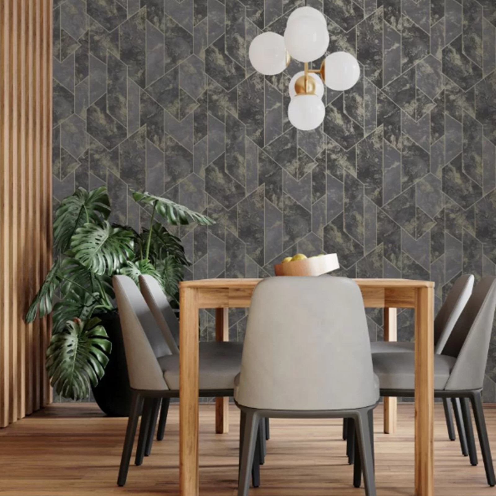 Charcoal Gold Marble Wallpaper Metallic Geometric Pattern Feature Dining Room
