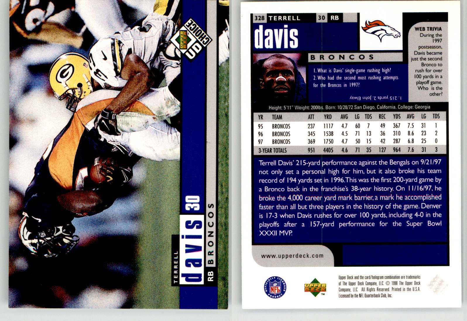 Terrell Davis 1998 UD Choice #328 Broncos HOF
