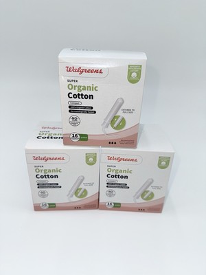 3 WALGREENS 100% ORGANIC COTTON TAMPONS, UNSCENTED SUPER 16 COUNT EACH 48 TOTAL!