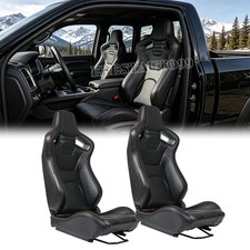 Pair Universal Black Pvc Leather Reclinable Racing Bucket Seats W Sliders
