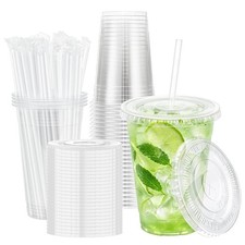 Clear 16 oz Plastic Cups 25 Pack with Lids and Straws for Party or Event