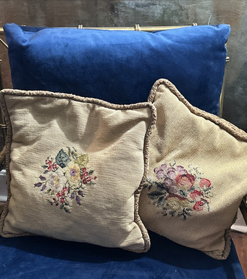 Pair Of  ANTIQUE Needlepoint Pillows Buckwheat Hull Fill FLORAL FRUIT