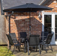 6 Person Rectangular Glass Top Garden Table Chairs With Black Parasol & Base Set