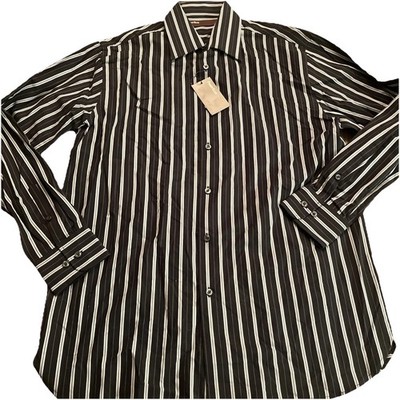 Vintage NWT Perry Ellis Regular Black Blue Striped Cotton Dress Shirt Medium M