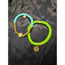 Rustic Cuff RC Stretch Bracelet Set OS Blue Green Gold Beaded Boho Stackable