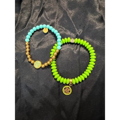 Rustic Cuff RC Stretch Bracelet Set OS Blue Green Gold Beaded Boho Stackable