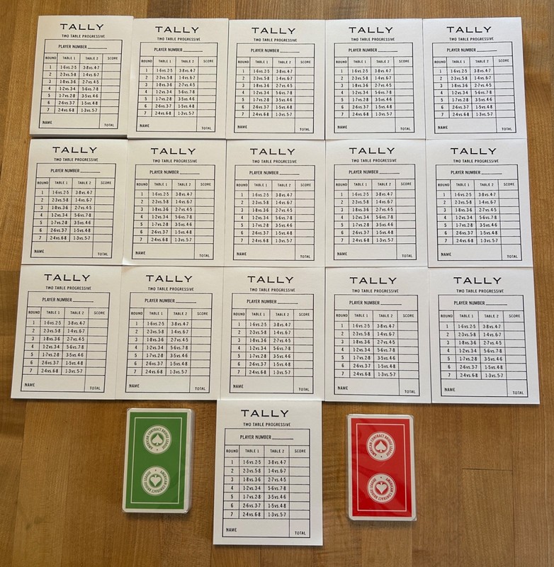 16- Tally Two Table Progressive Score Cards & 2 Decks of Cards
