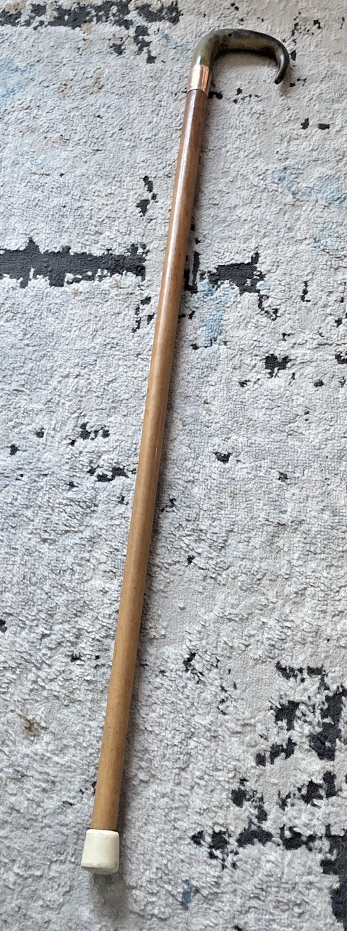 Antique English Walking Stick Horn Crook Handle Copper Collar Hallmarked Engrave