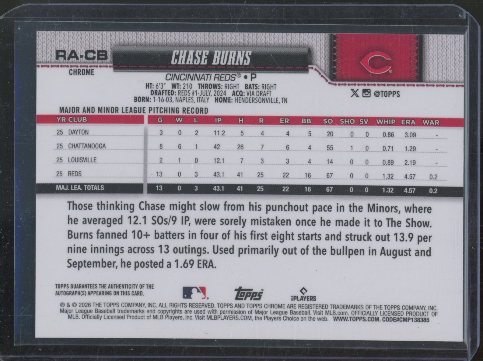 2026 Topps Chrome Baseball #RACB Chase Burns Auto RC Rookie view 2