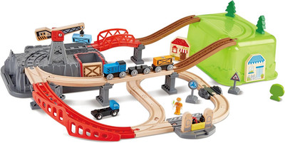 Hape Railway Bucket Builder Set | 50-Piece Multi-Color Wooden Train Set Toy, Con