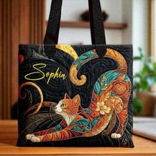 Personalized Cat Tote Bag, Quilted Cat Bag, Custom Name Gift for Cat Lovers, Col