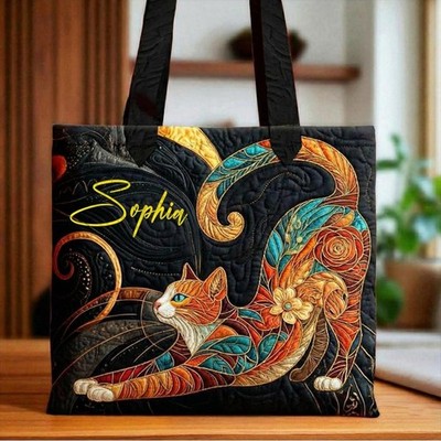 Personalized Cat Tote Bag, Quilted Cat Bag, Custom Name Gift for Cat Lovers, Col