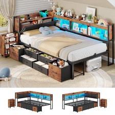 14"Corner Bed Frame with Pull-Out Cabinet,Storage,LED,6 Drawers,Charging Station