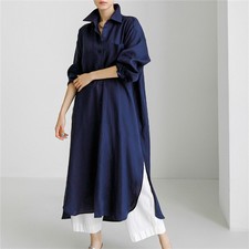 Women Loose Cotton Linen Oversized Long Sleeve Over Knee Button Shirt Dress Slit
